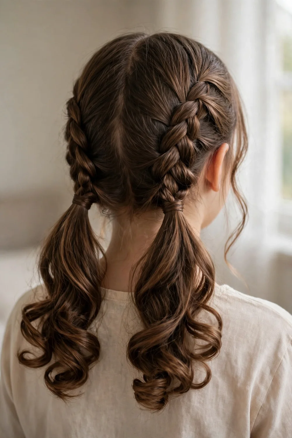 Girl with two braided sections flowing into low curly ponytails
