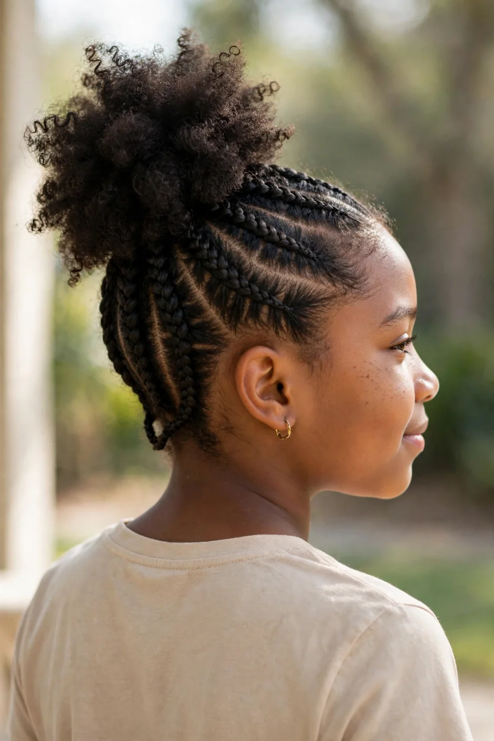 Girl with braided hair leading into a high curly puff