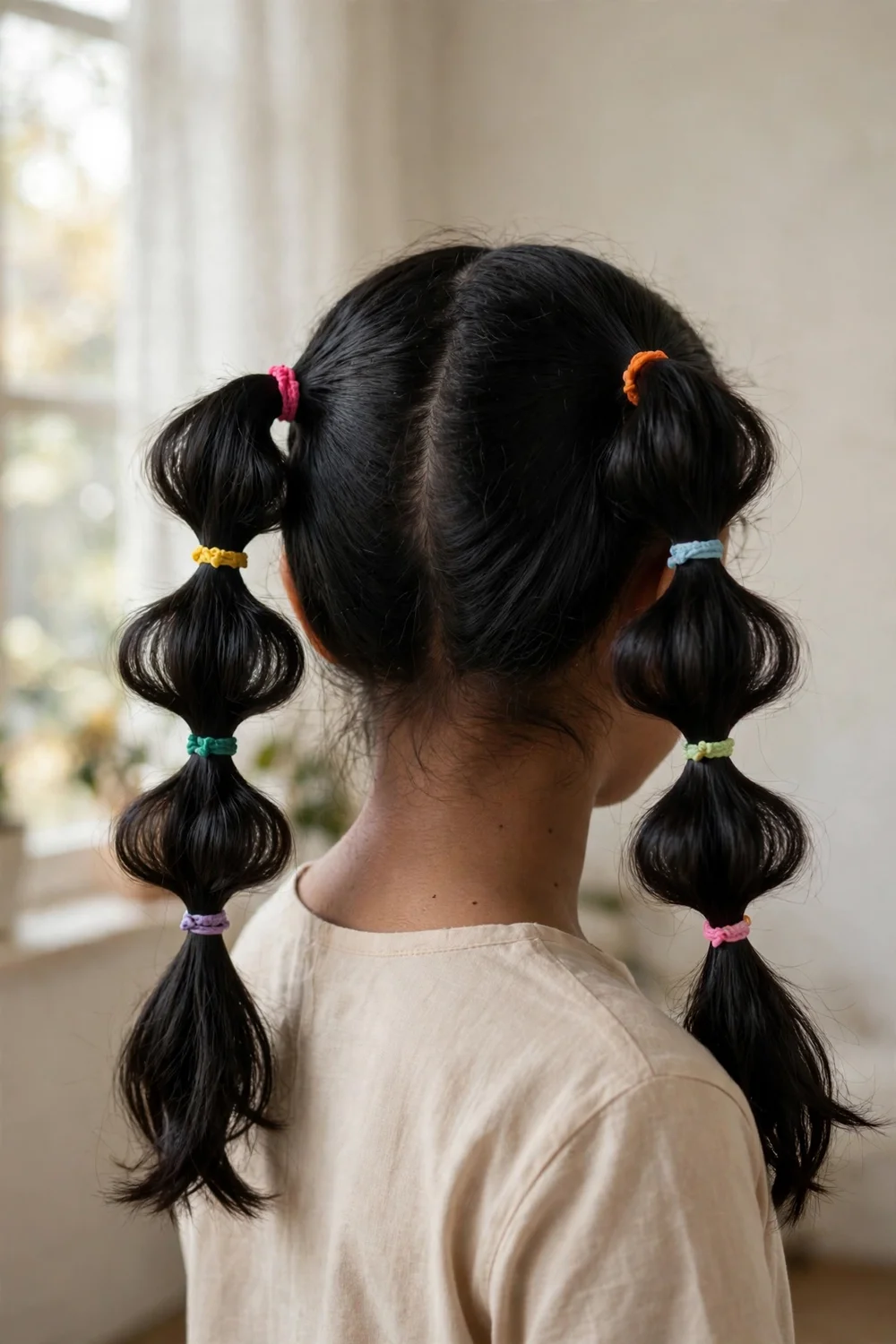 Girl with two bubble pigtails sectioned with colorful hair ties
