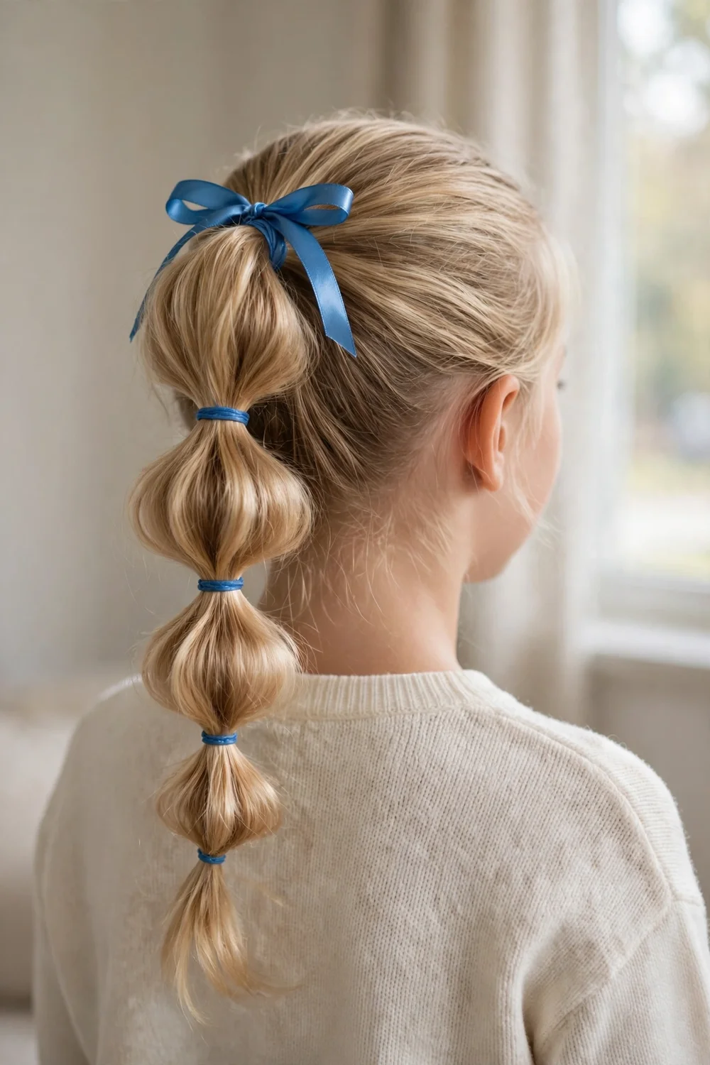 Girl with a single bubble ponytail and a blue ribbon