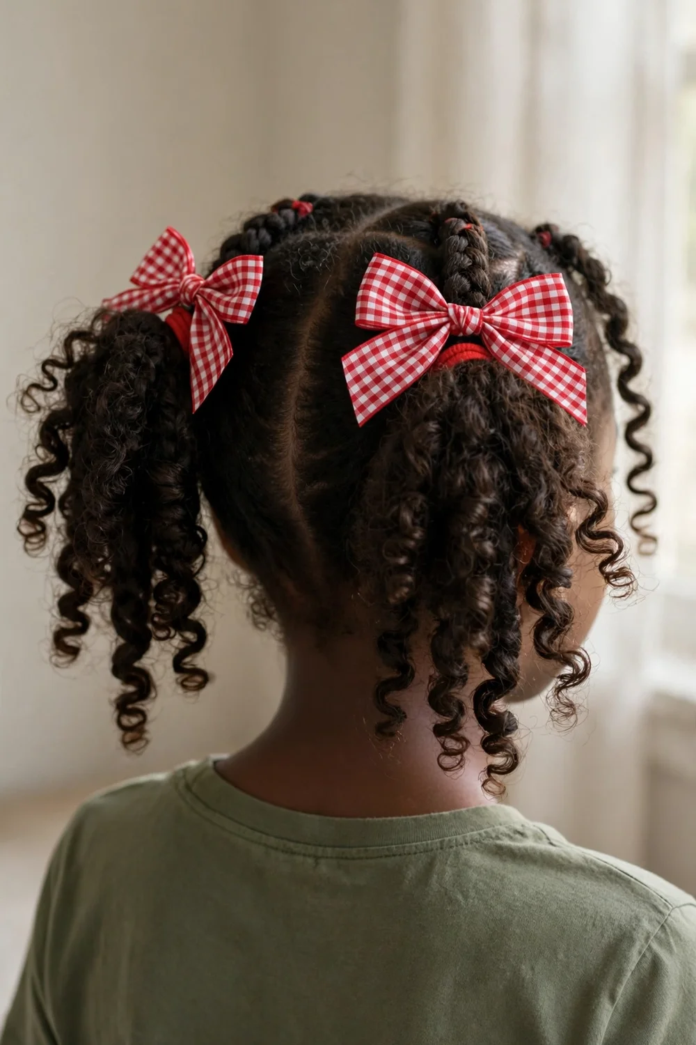 Young girl with curly braids and red bows