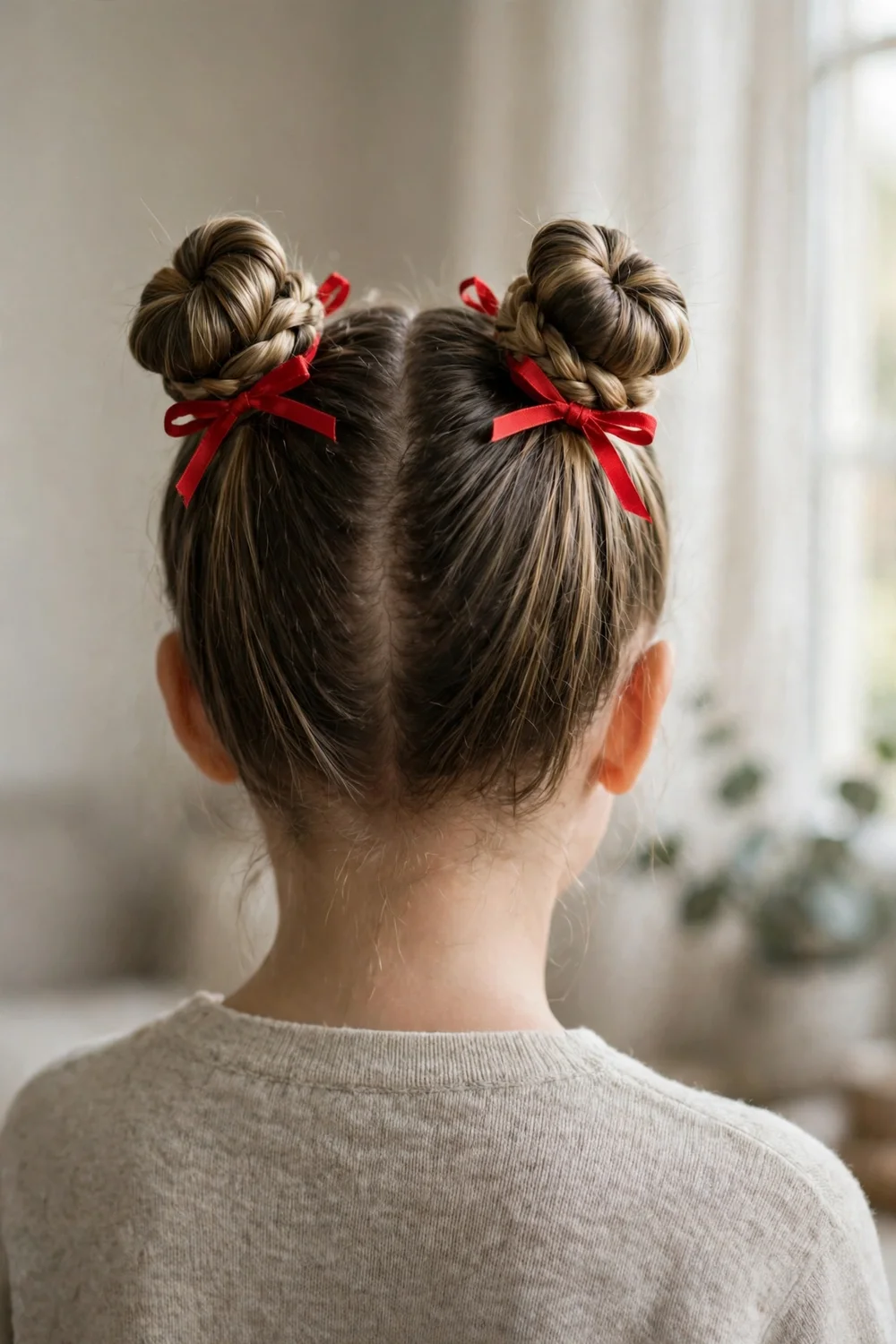Girl with two braided buns decorated with red ribbons
