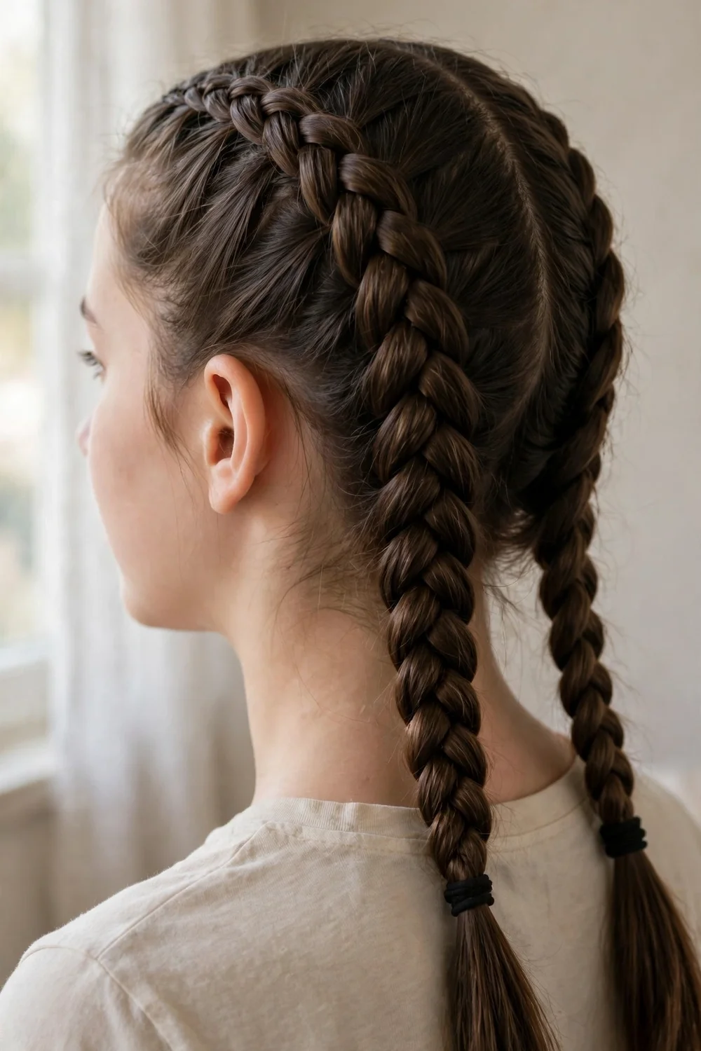 Girl with two tight double Dutch braids