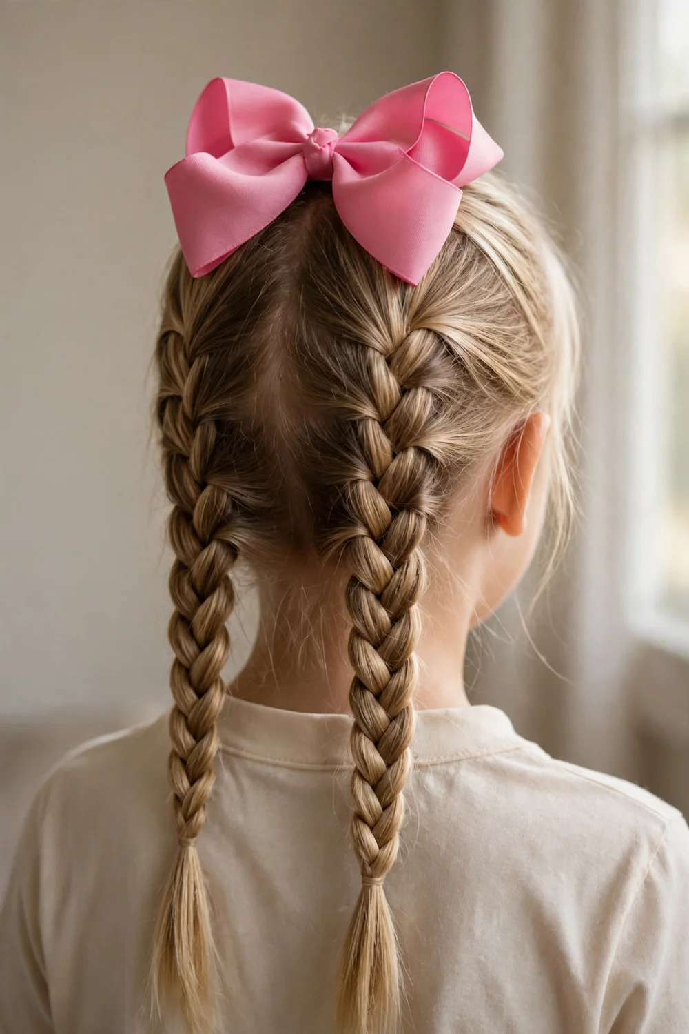 Girl with two French braids and a large pink bow on top