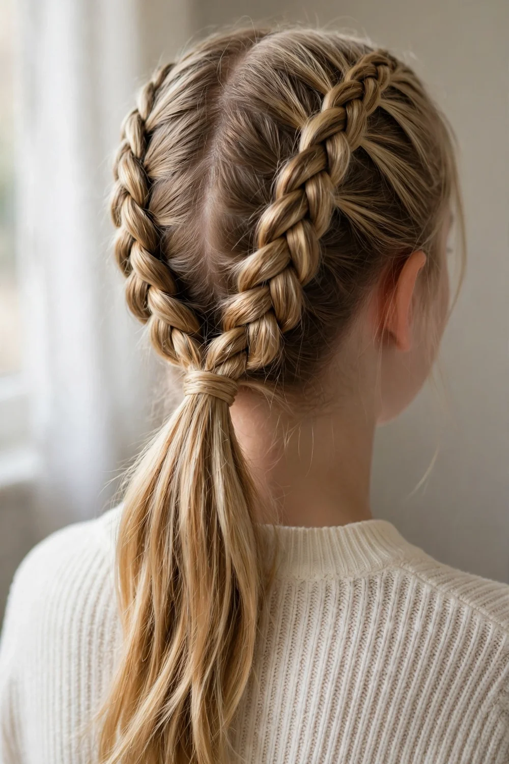 Girl with two Dutch braids merging into a low ponytail