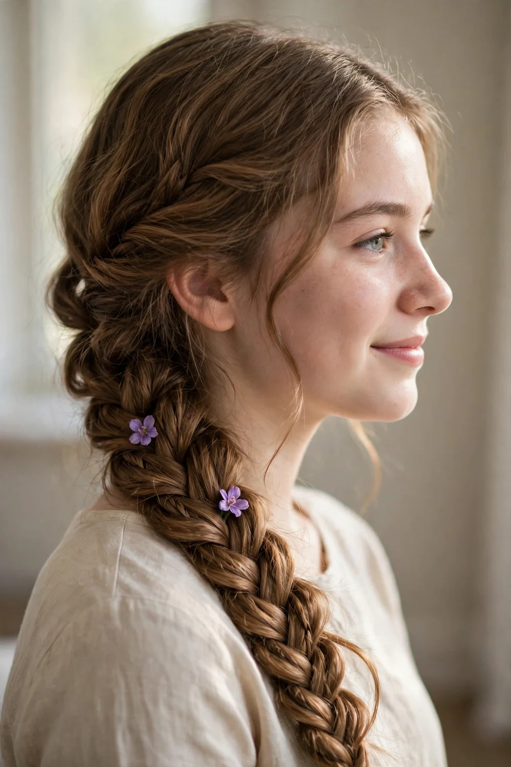 Girl with a fishtail braid decorated with small flower clips