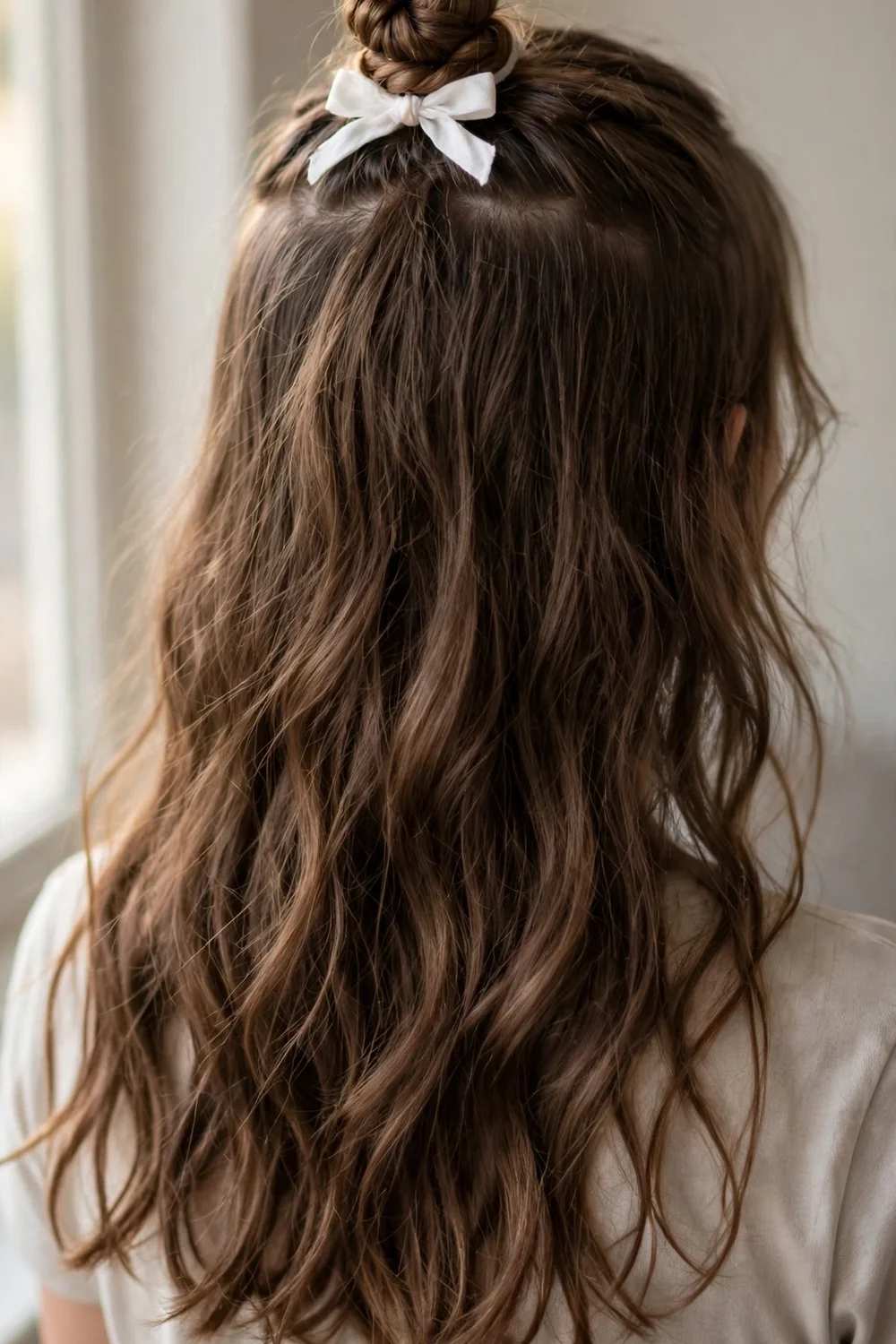 Girl with a half-up braided top knot and a small white bow