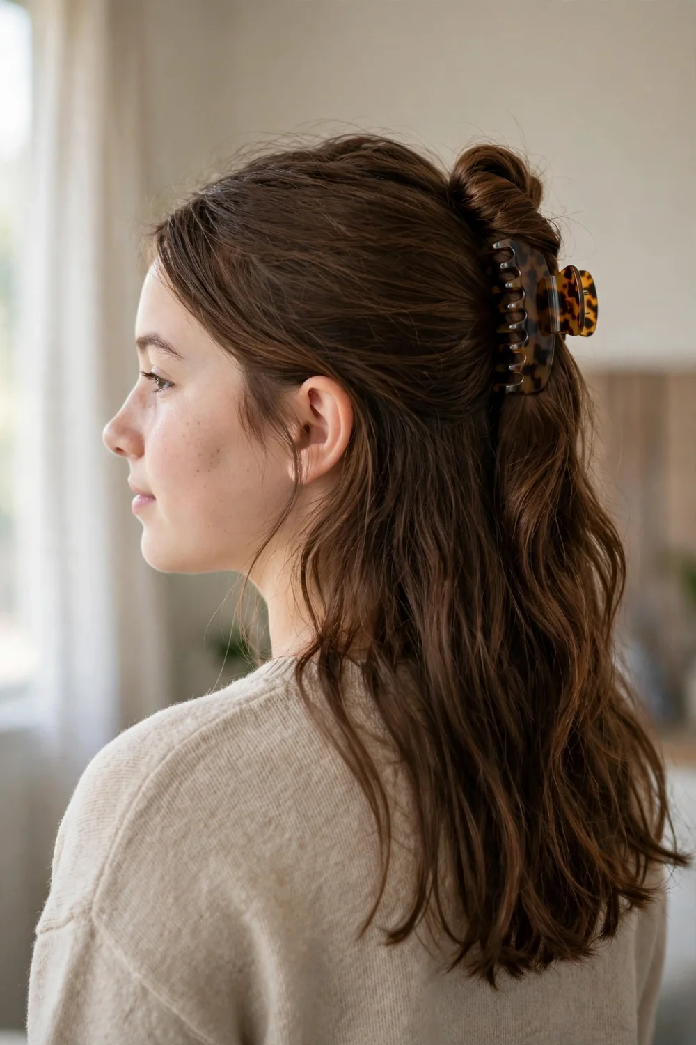 Girl with a half-up twist secured by a tortoiseshell claw clip