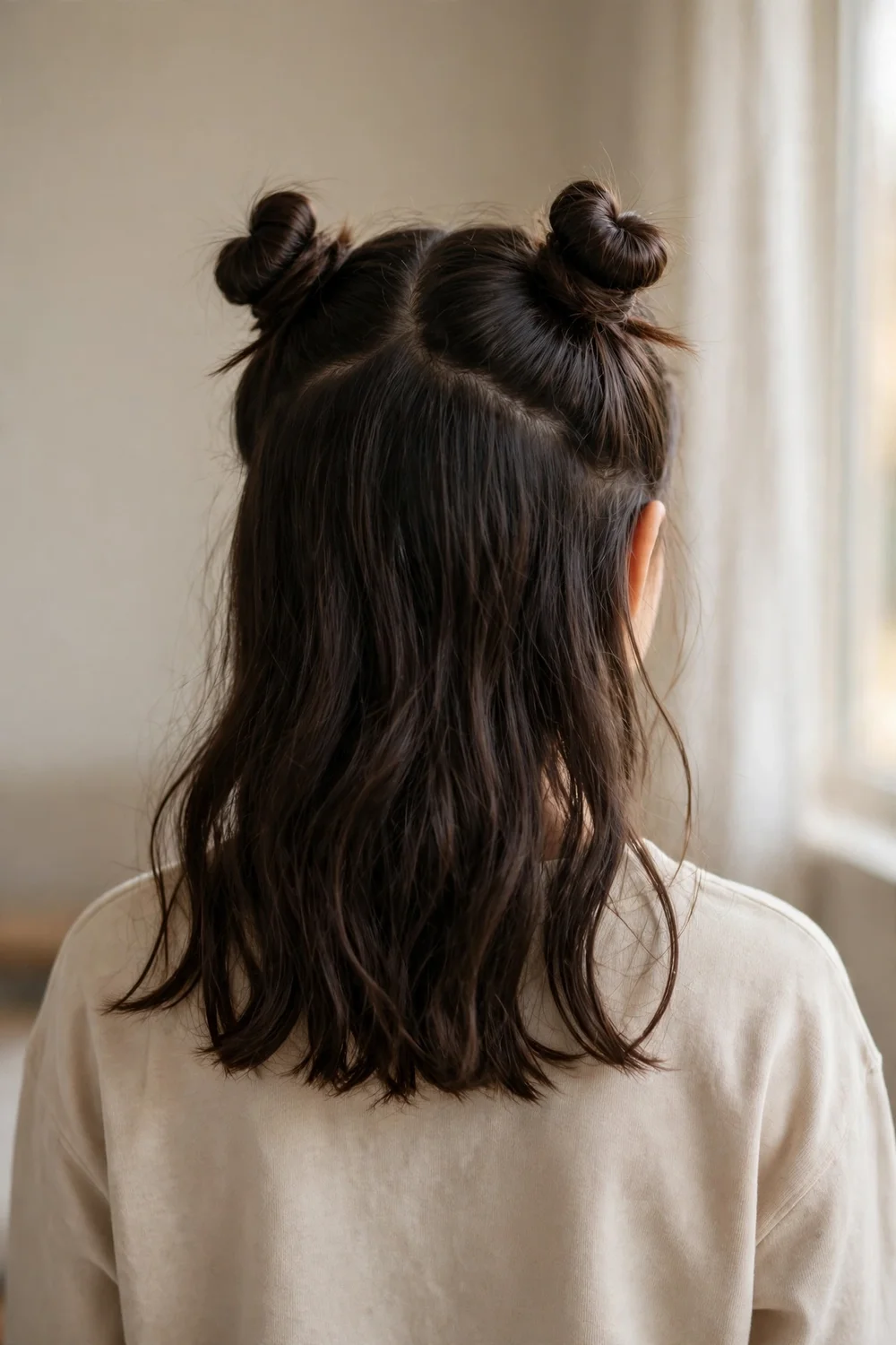 Girl with half-up space buns and the rest of her hair down