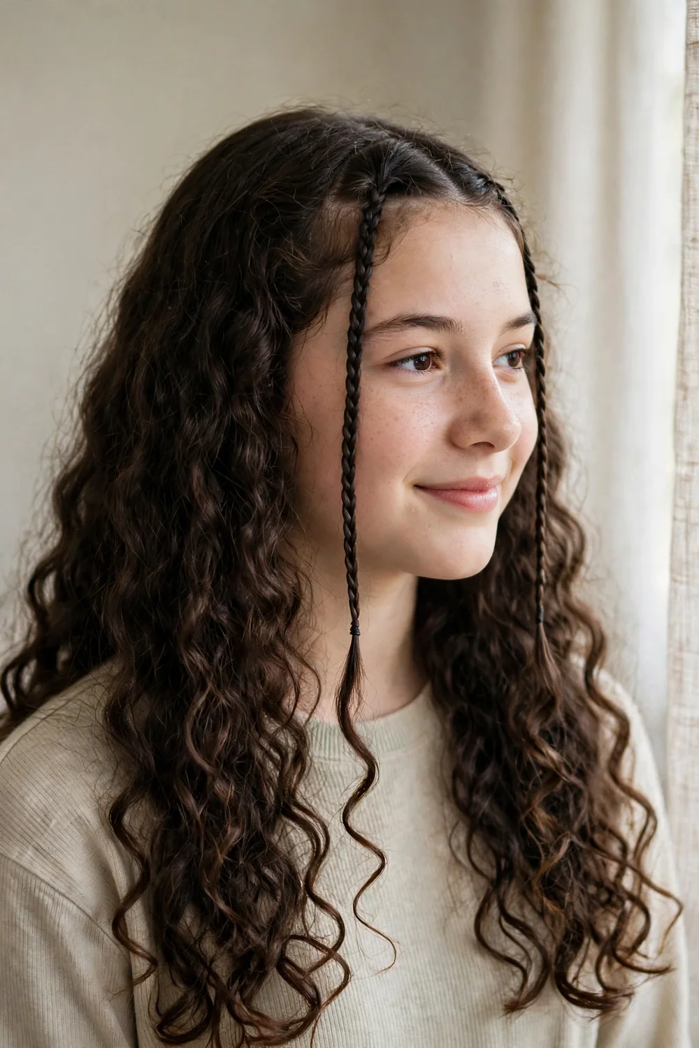 Girl with long curls and two small braids framing her face