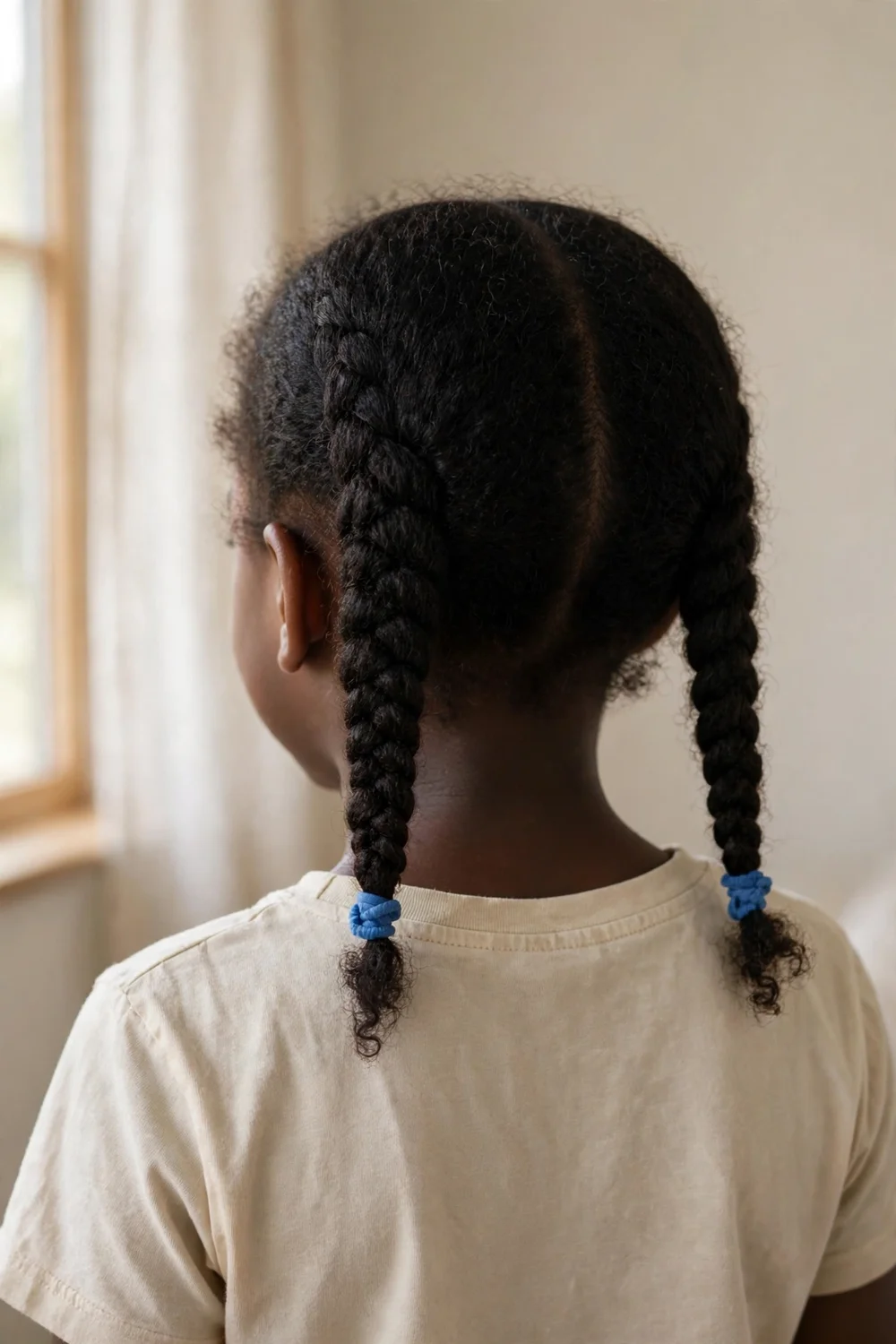 Girl with two simple braids tied with blue hair ties