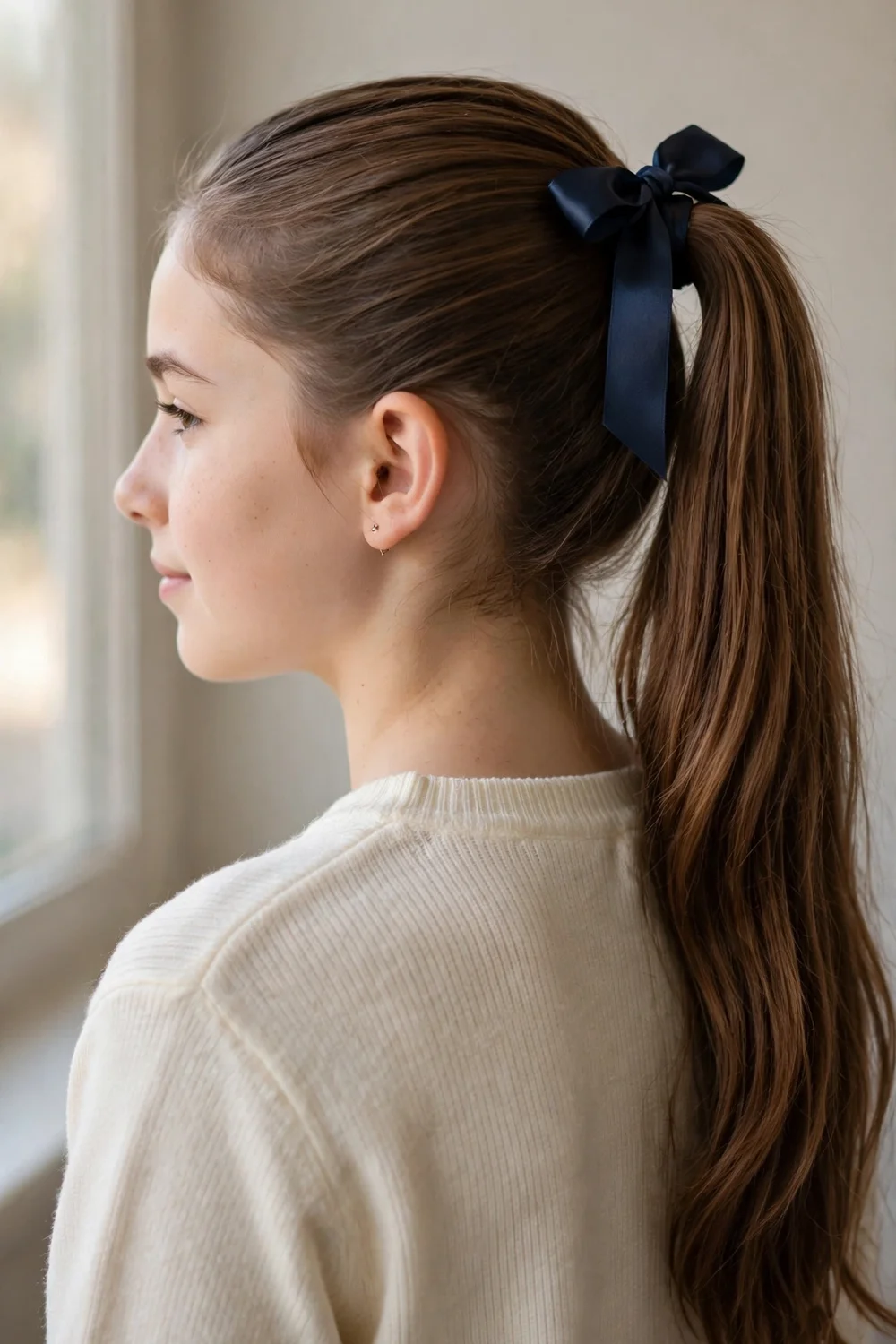 Girl with a sleek high ponytail and a ribbon bow at the base