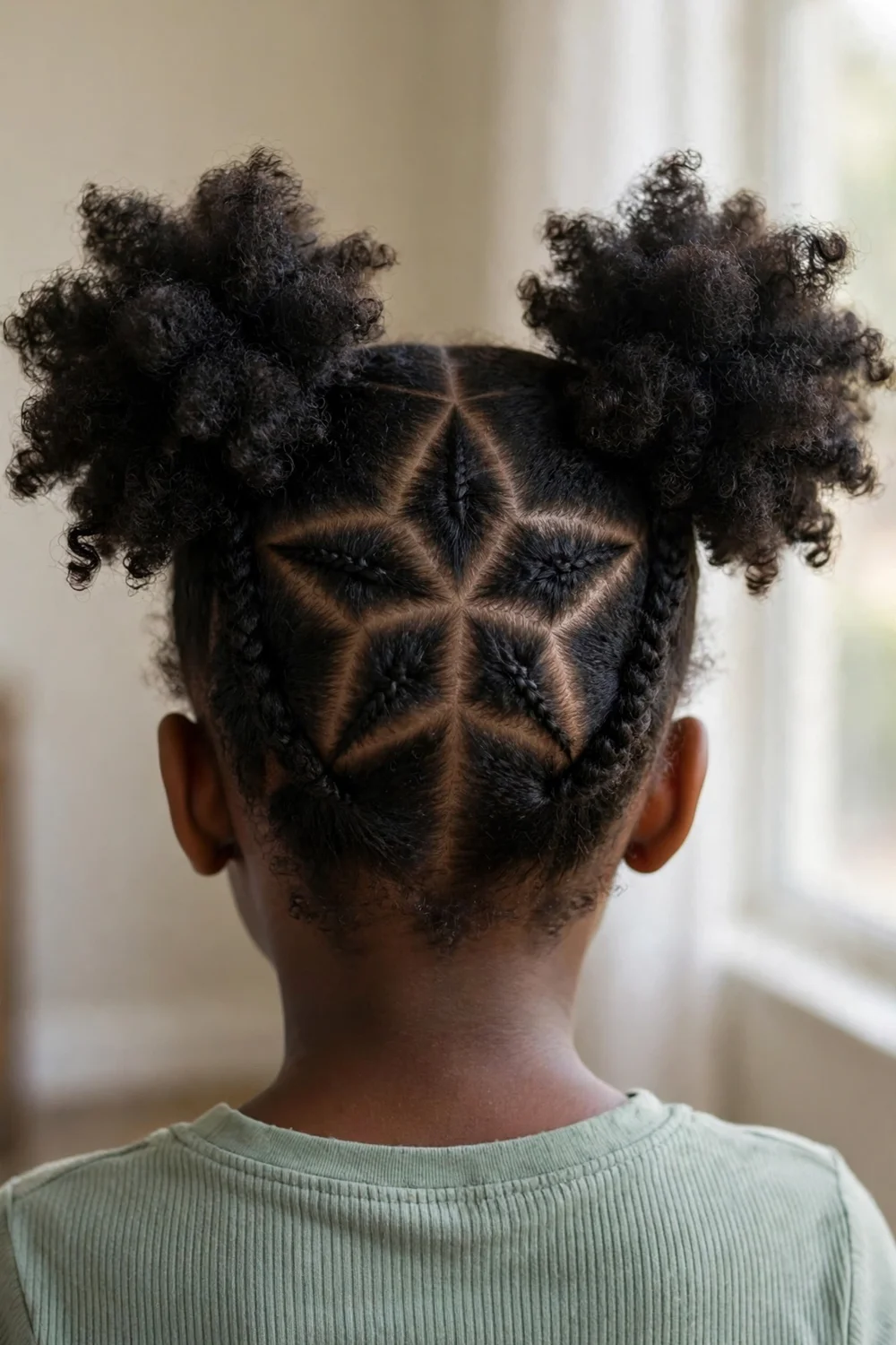 Young girl with star-shaped parts and two curly puffs