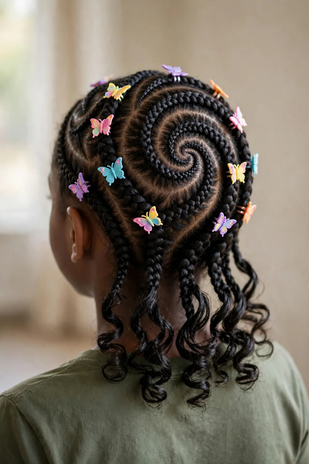 Girl with swirled cornrows and butterfly clips