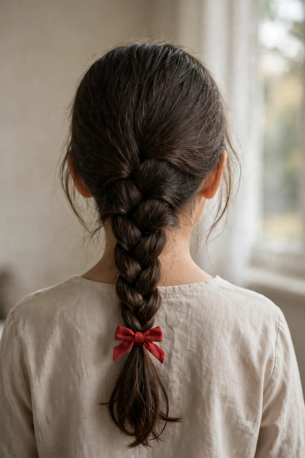 Girl with a single three-strand braid tied with a red bow