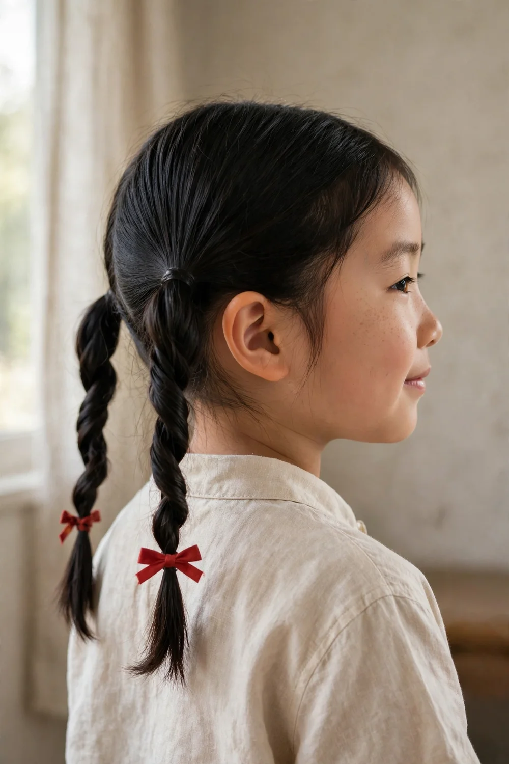 Young girl with twisted pigtails secured with small bows