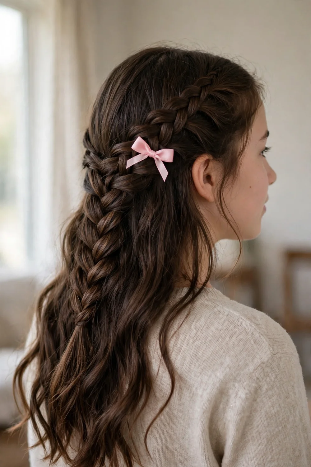 Girl with a waterfall braid and a pink bow tucked in