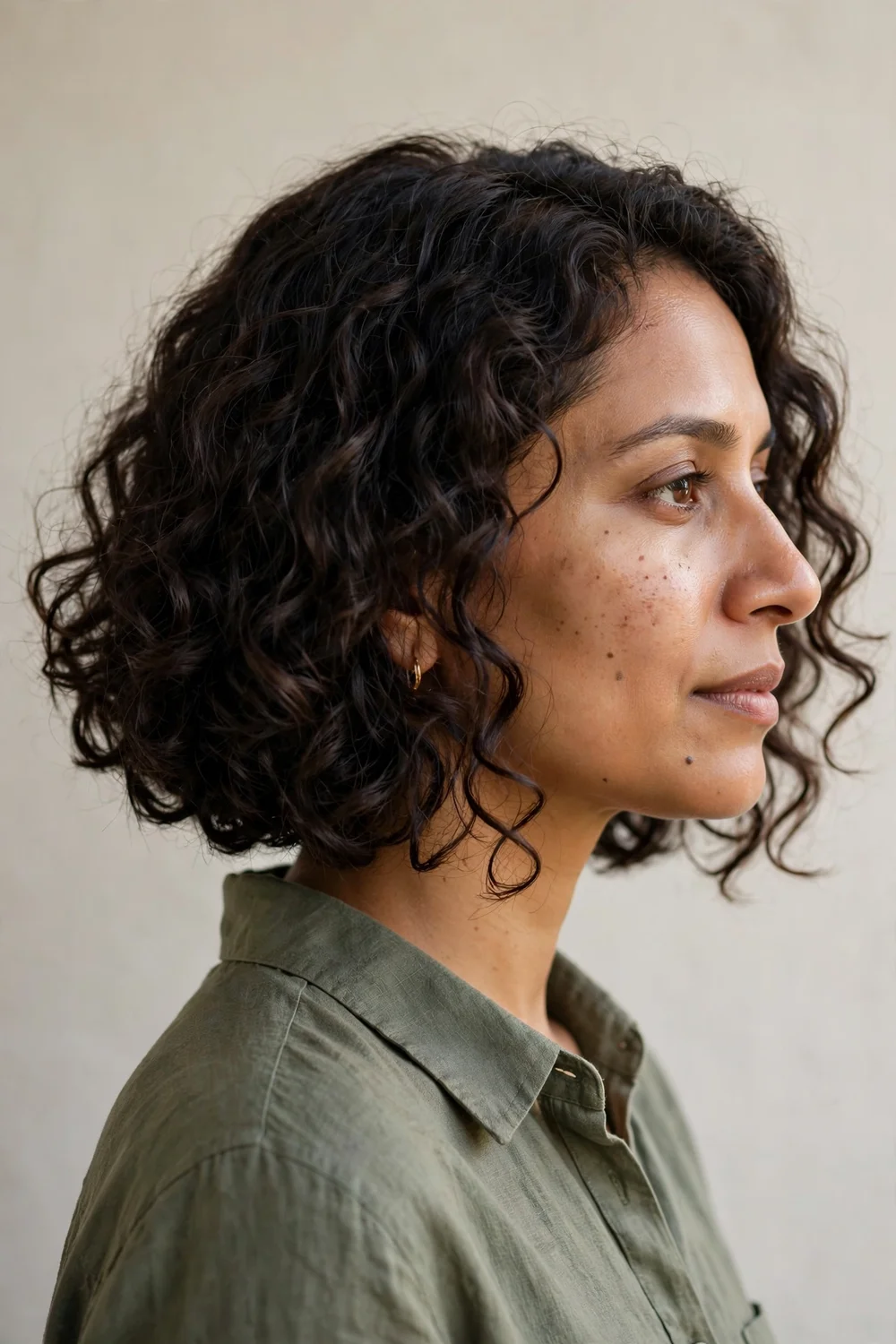 Woman with A-line curly bob, longer in front
