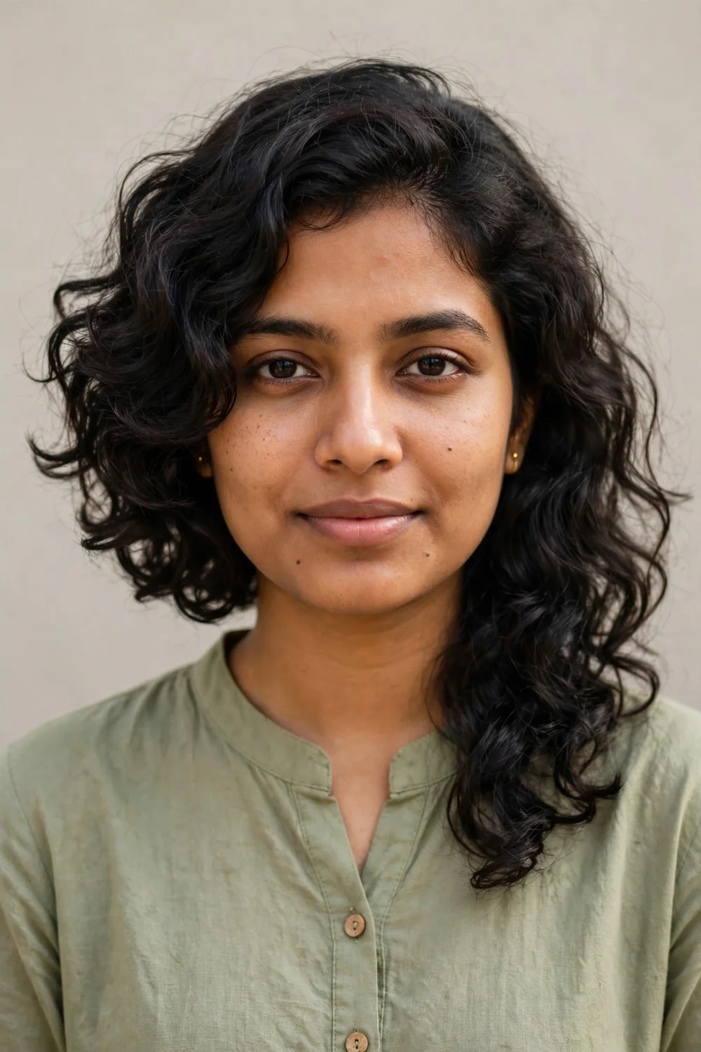 Woman with asymmetrical curly bob, one side longer