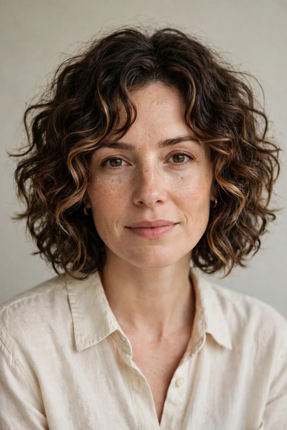 Woman with curly layered bob and caramel balayage highlights