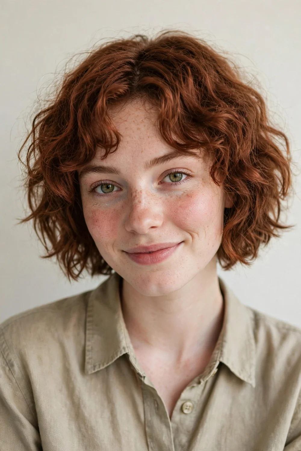 Woman with choppy textured curly bob haircut