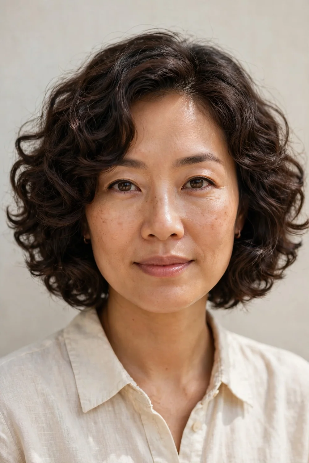 Woman with a classic chin-length curly layered bob haircut