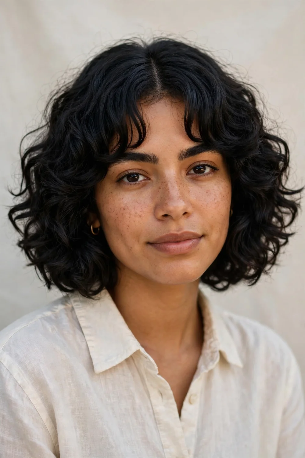 Woman with curly layered bob and curtain bangs