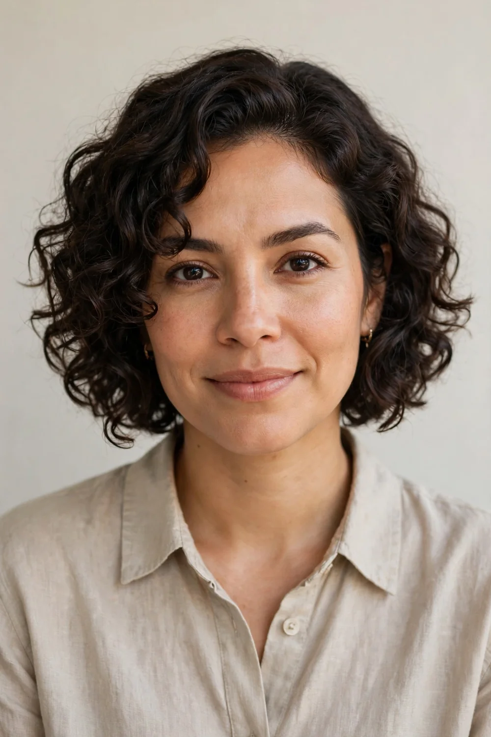 Woman with curly bob and face-framing layers