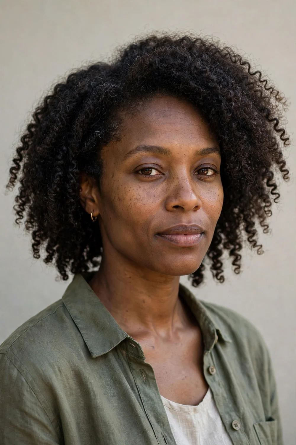 Woman with curly bob and faded undercut nape
