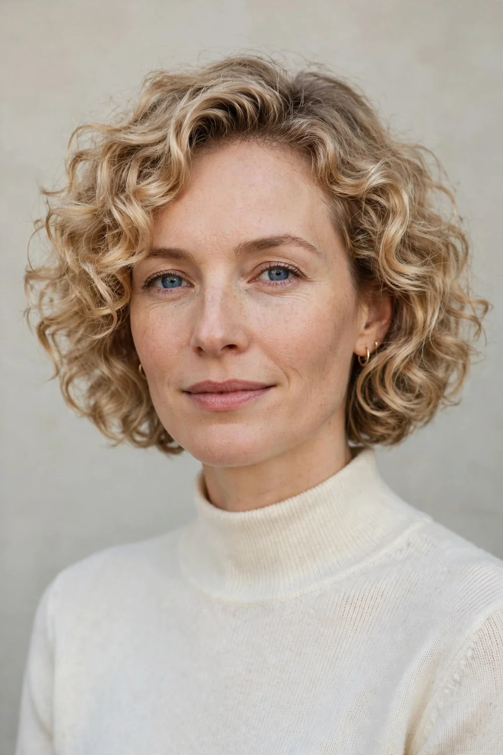 Woman with curly French bob haircut at jaw length