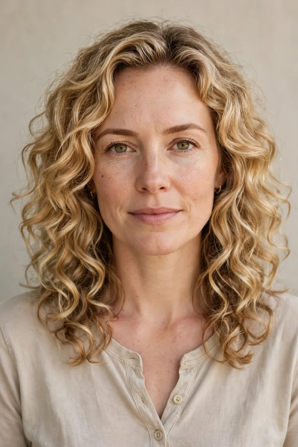 Woman with curly lob, long layered bob at collarbone