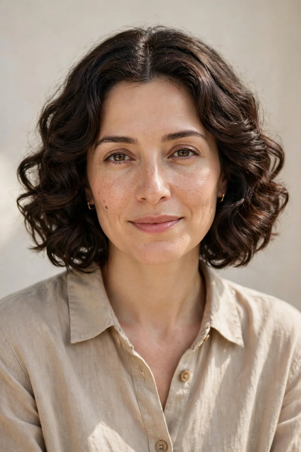 Woman with middle-part curly layered bob