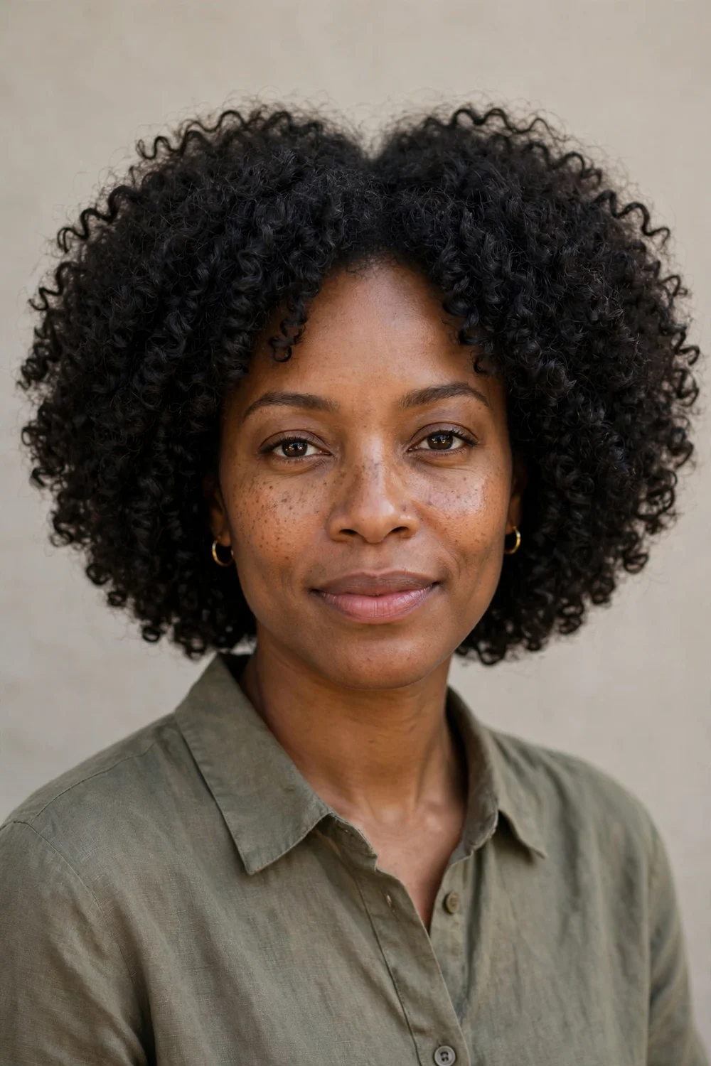 Woman with rounded halo-shaped curly bob