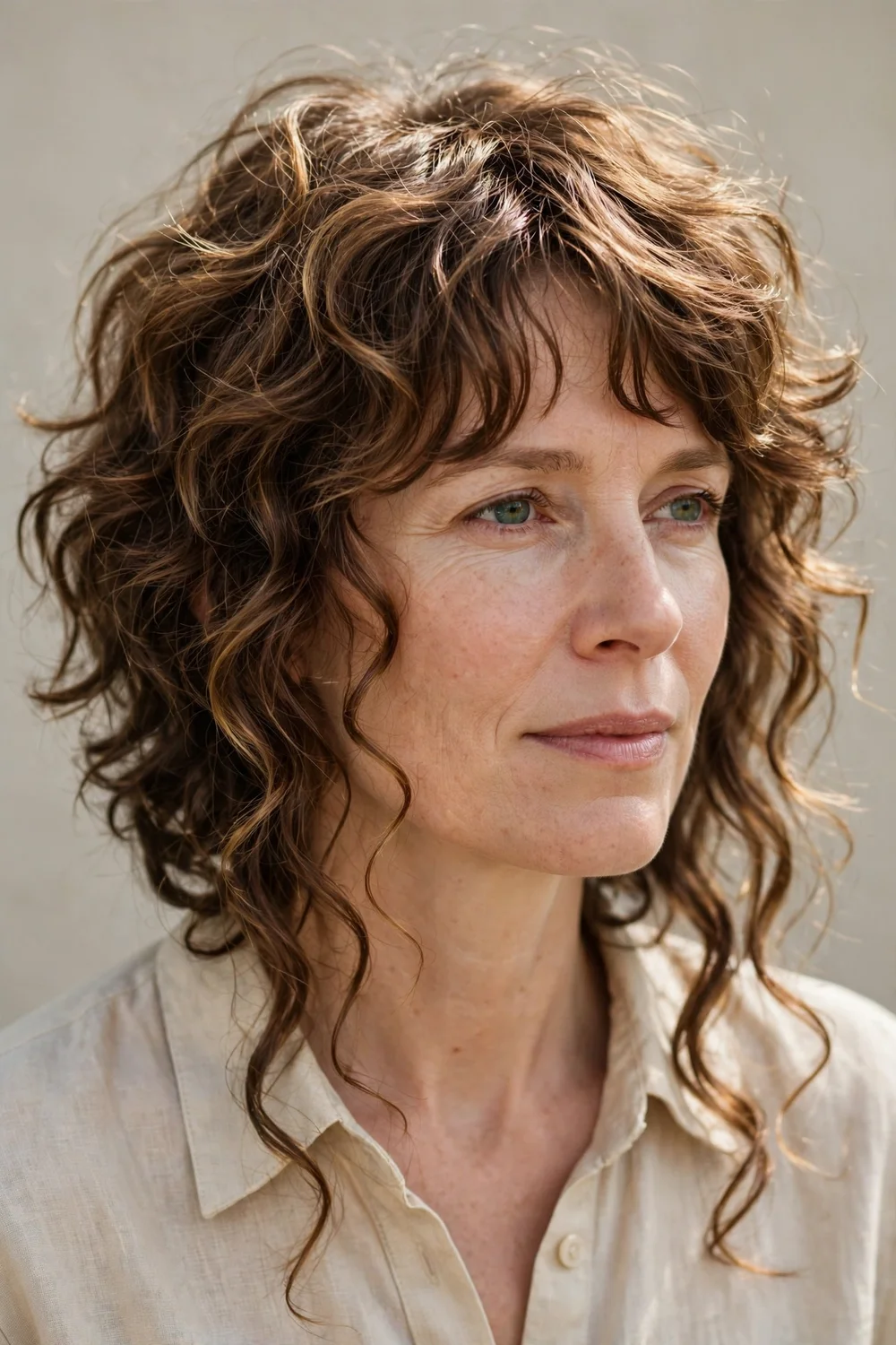 Woman with curly shaggy bob haircut