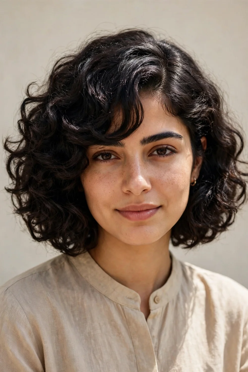 Woman with curly bob and side-swept bangs