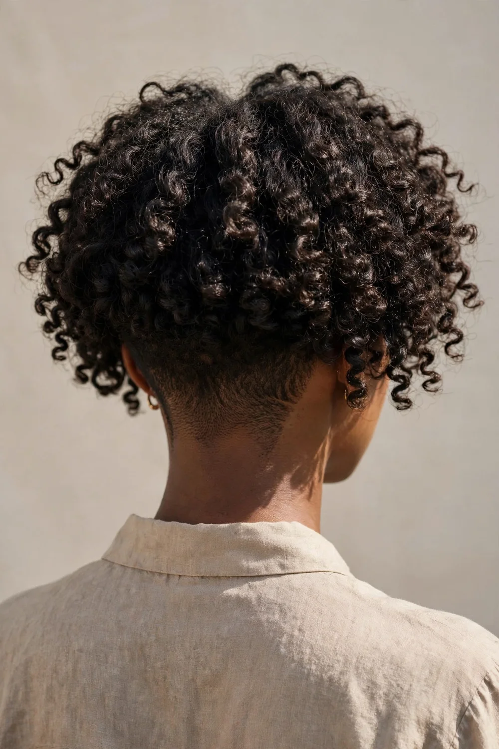 Woman with curly bob and tapered nape