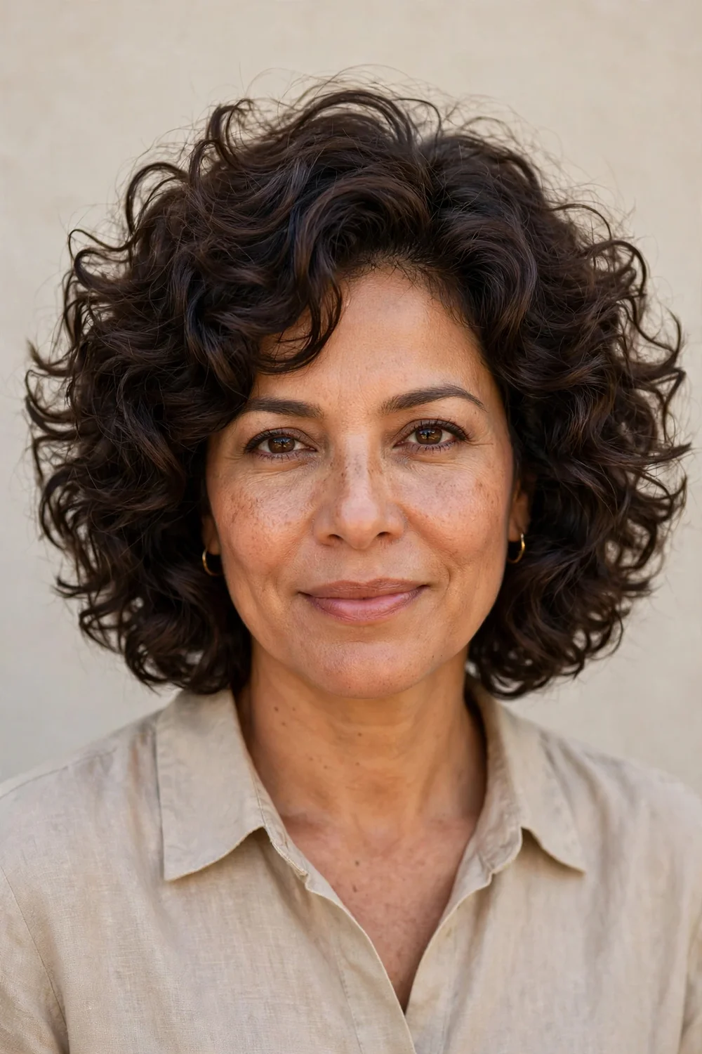 Woman with voluminous curly layered bob