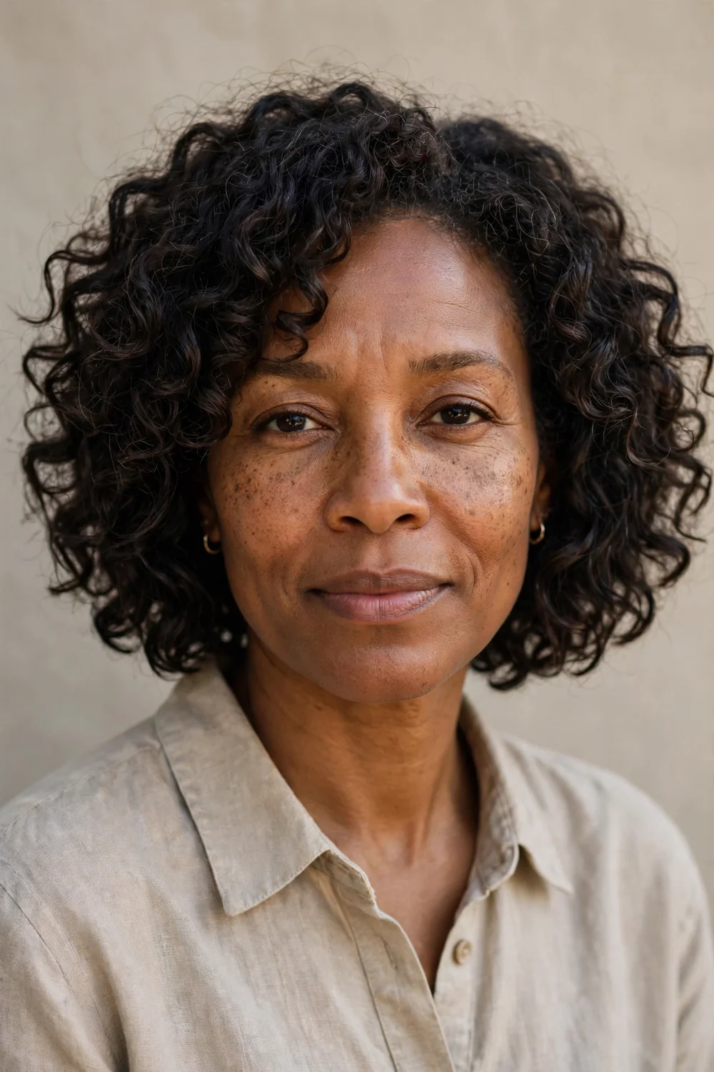 Woman with wash-and-go curly layered bob