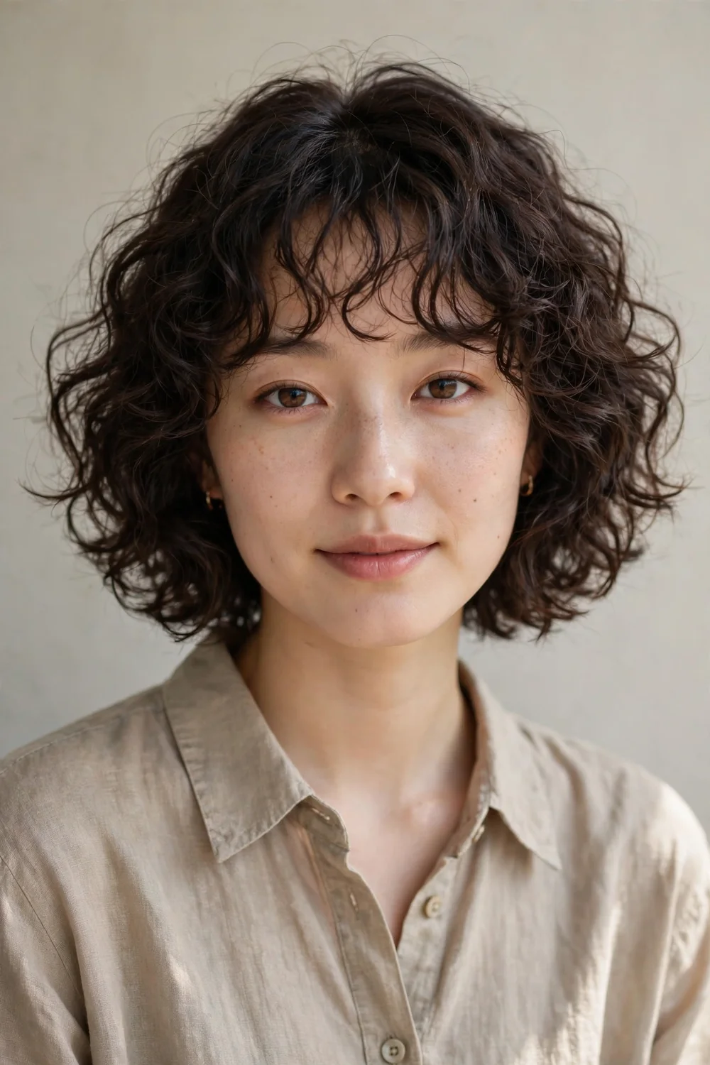 Woman with curly bob and wispy bangs