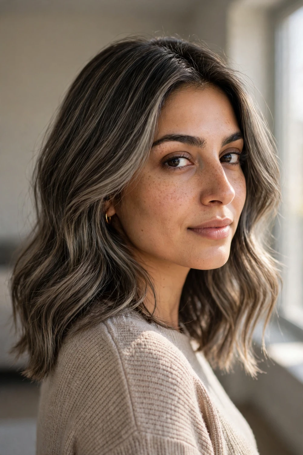 Woman with dark ash blonde shoulder-length hair in a deep cool blonde with smoky tones