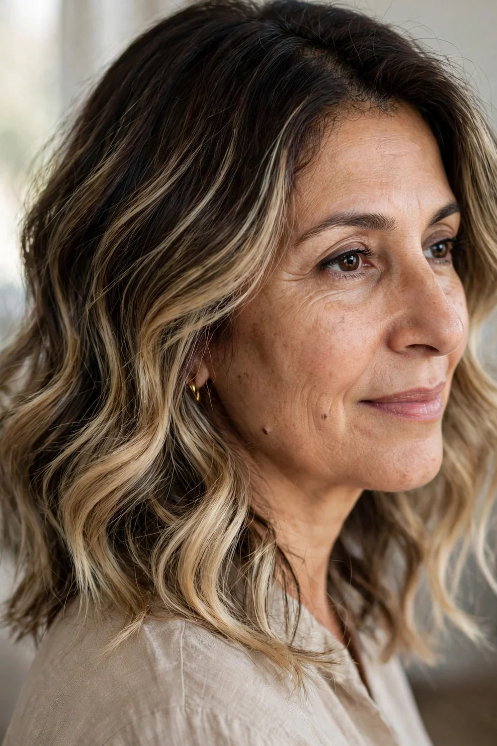 Woman with dark blonde balayage on a voluminous wavy lob