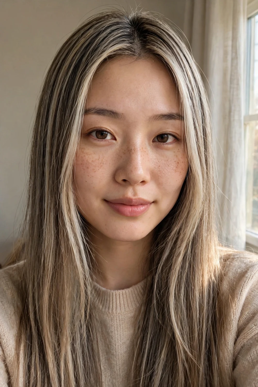 Woman with dark ash blonde hair and fine platinum babylights
