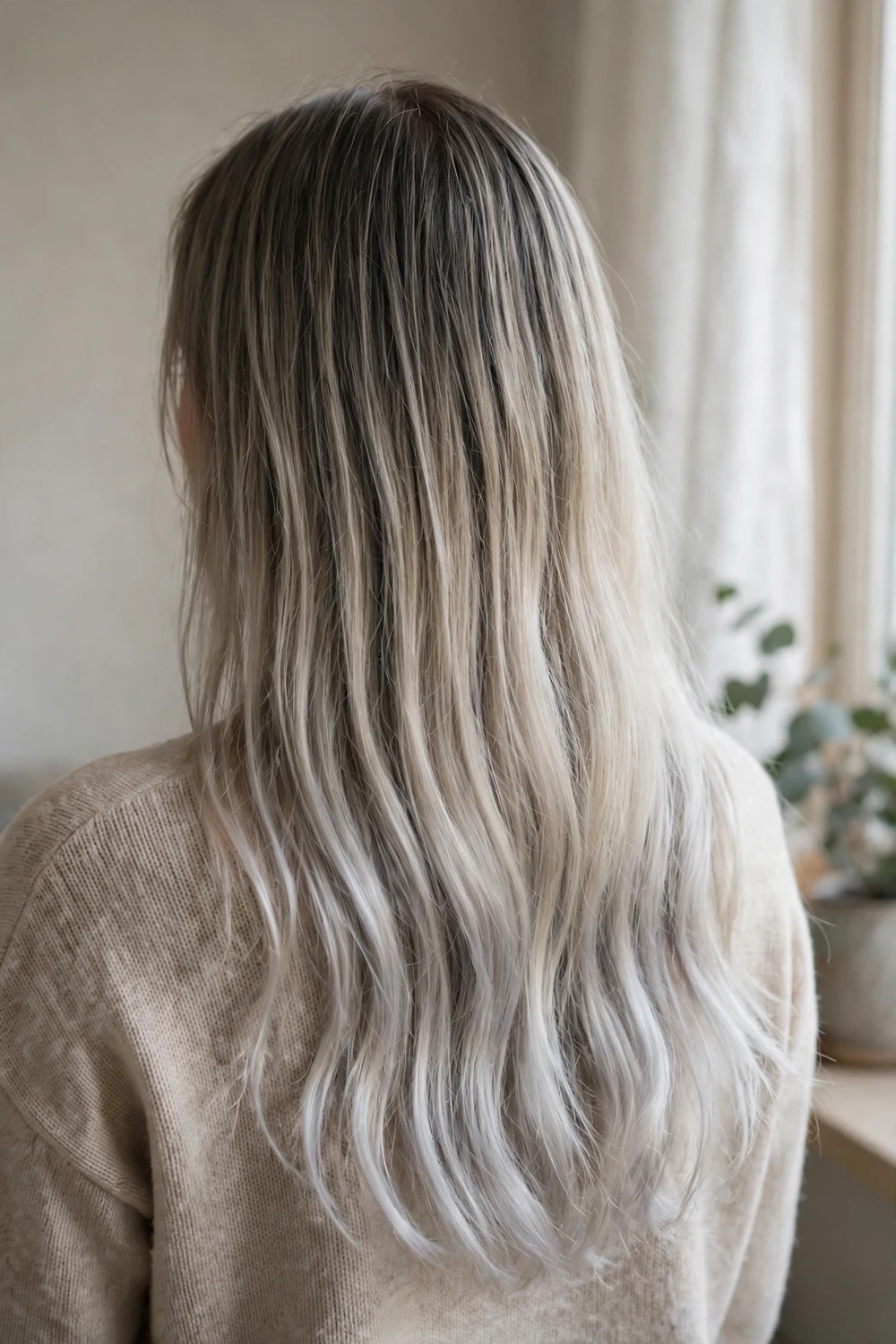 Back view of deep ash blonde hair fading into silver ombre ends
