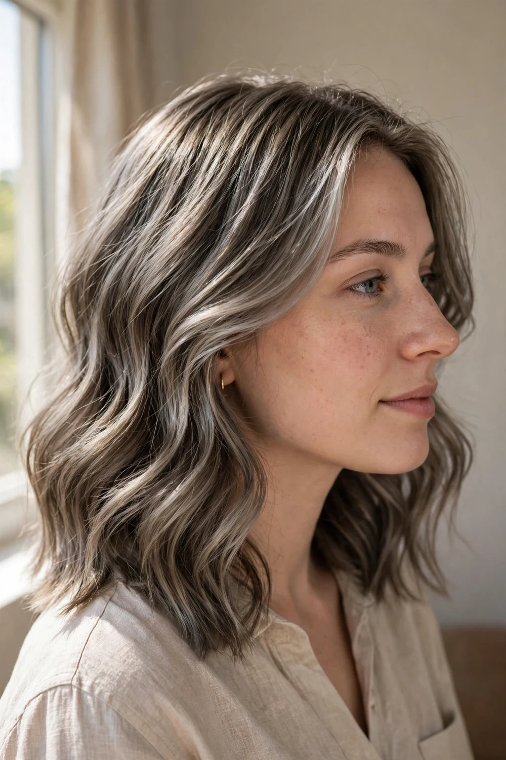 Woman with pearly dark ash blonde wavy hair with a silver sheen