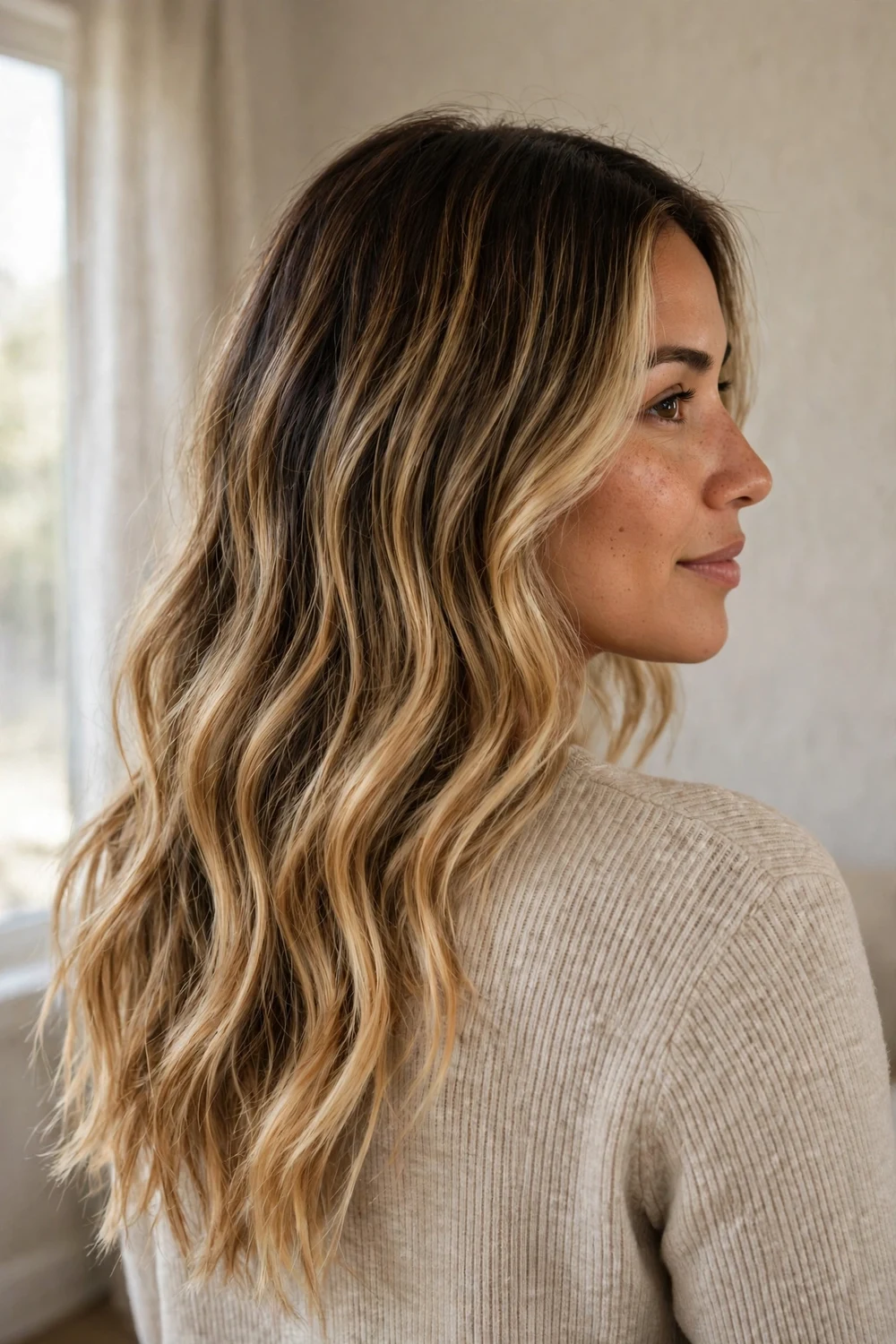 Back view of dark honey blonde balayage on long wavy hair