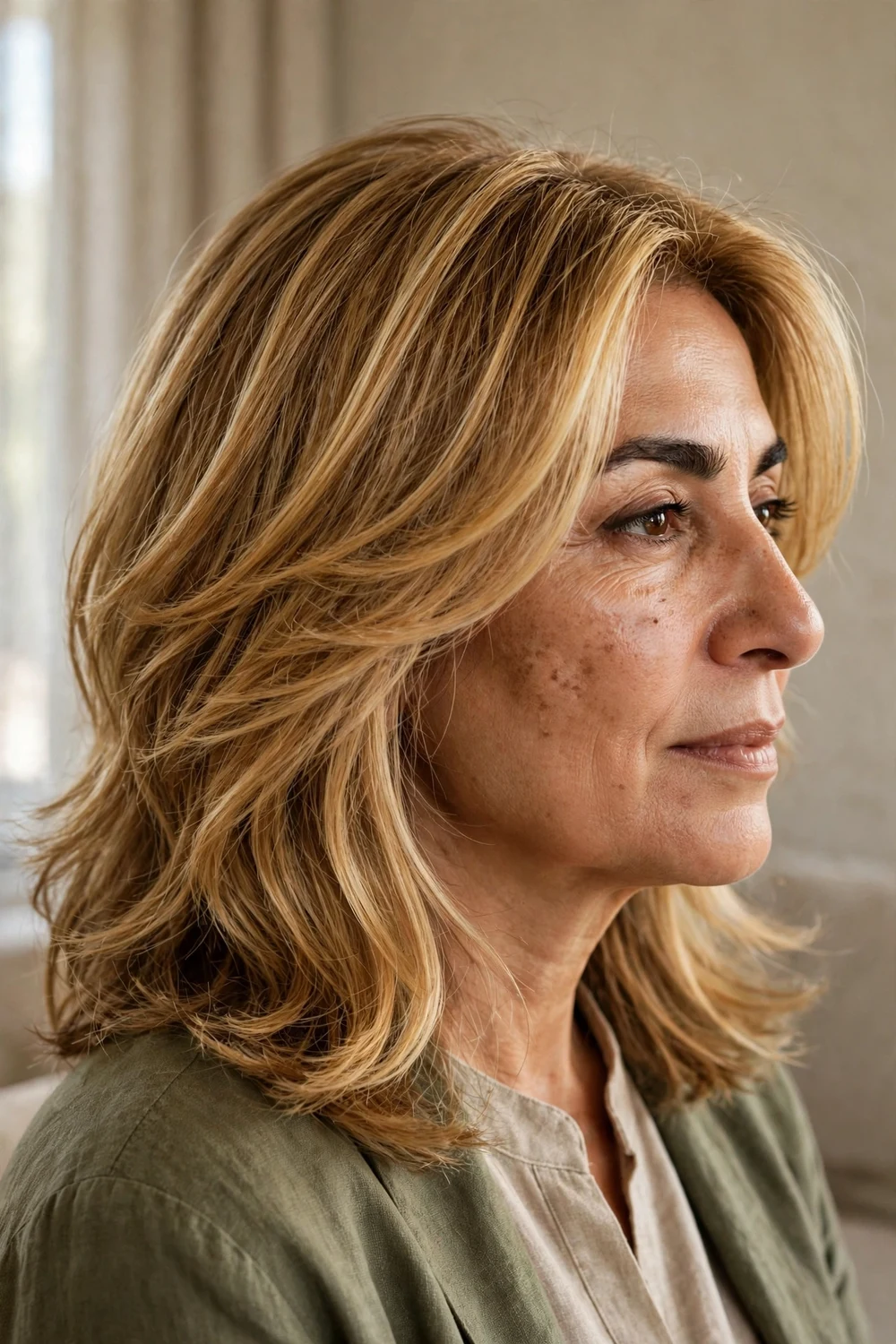 Woman with deep golden honey blonde hair and soft face-framing highlights