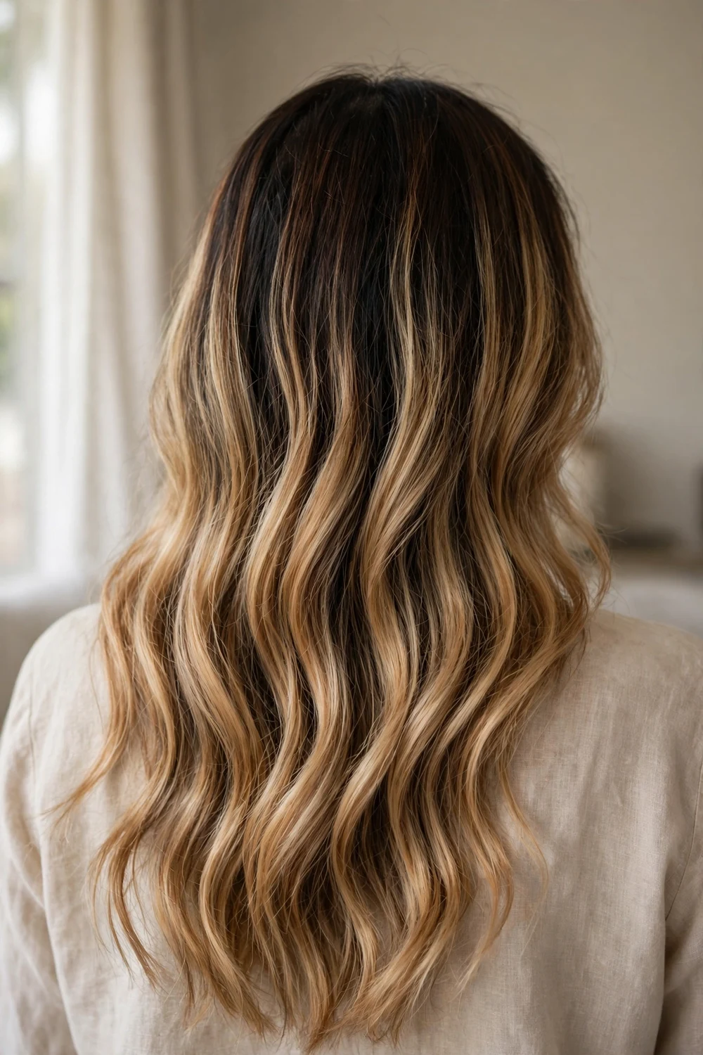 Back view of dark butterscotch blonde hair with a chocolate brown root melt