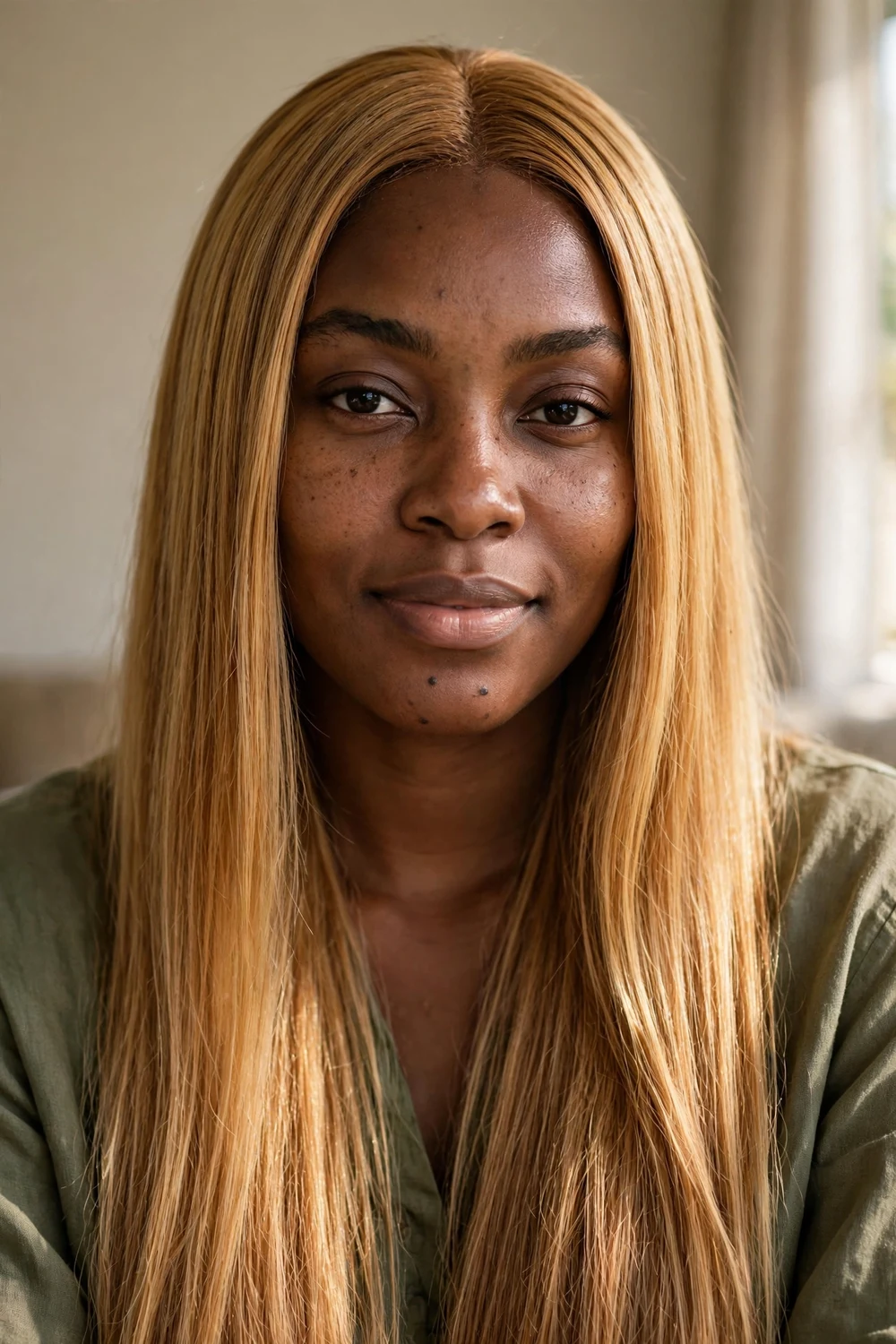 Woman with dark golden blonde long straight hair