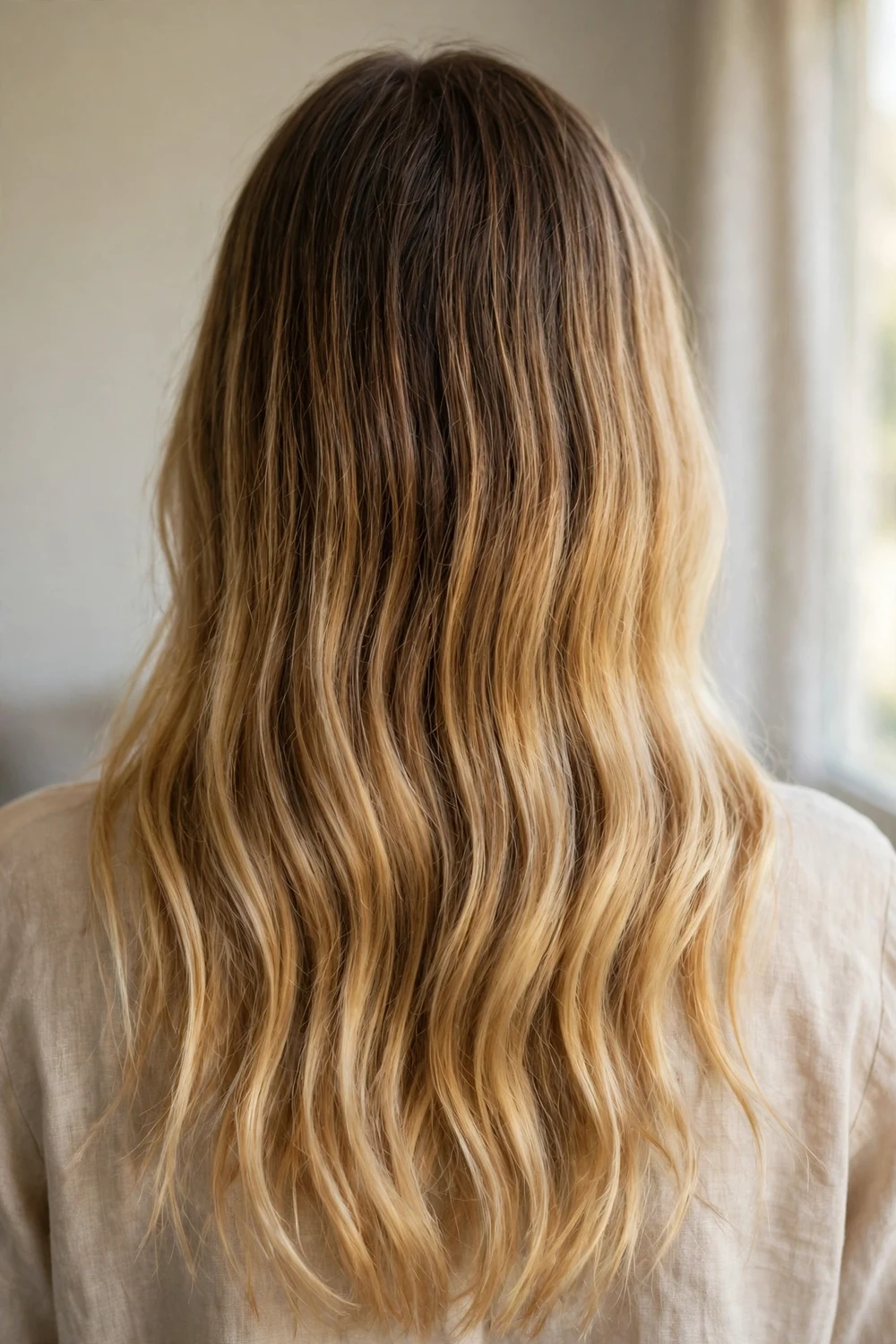 Back view of golden blonde ombre fading from dark roots to light ends