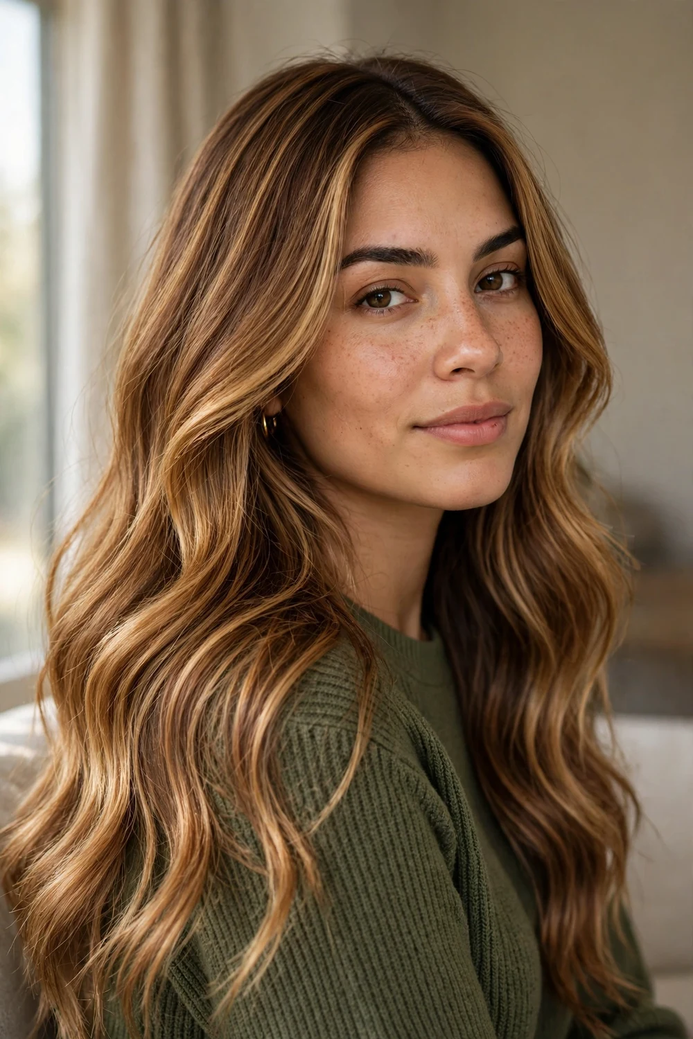 Woman with deep caramel blonde long hair